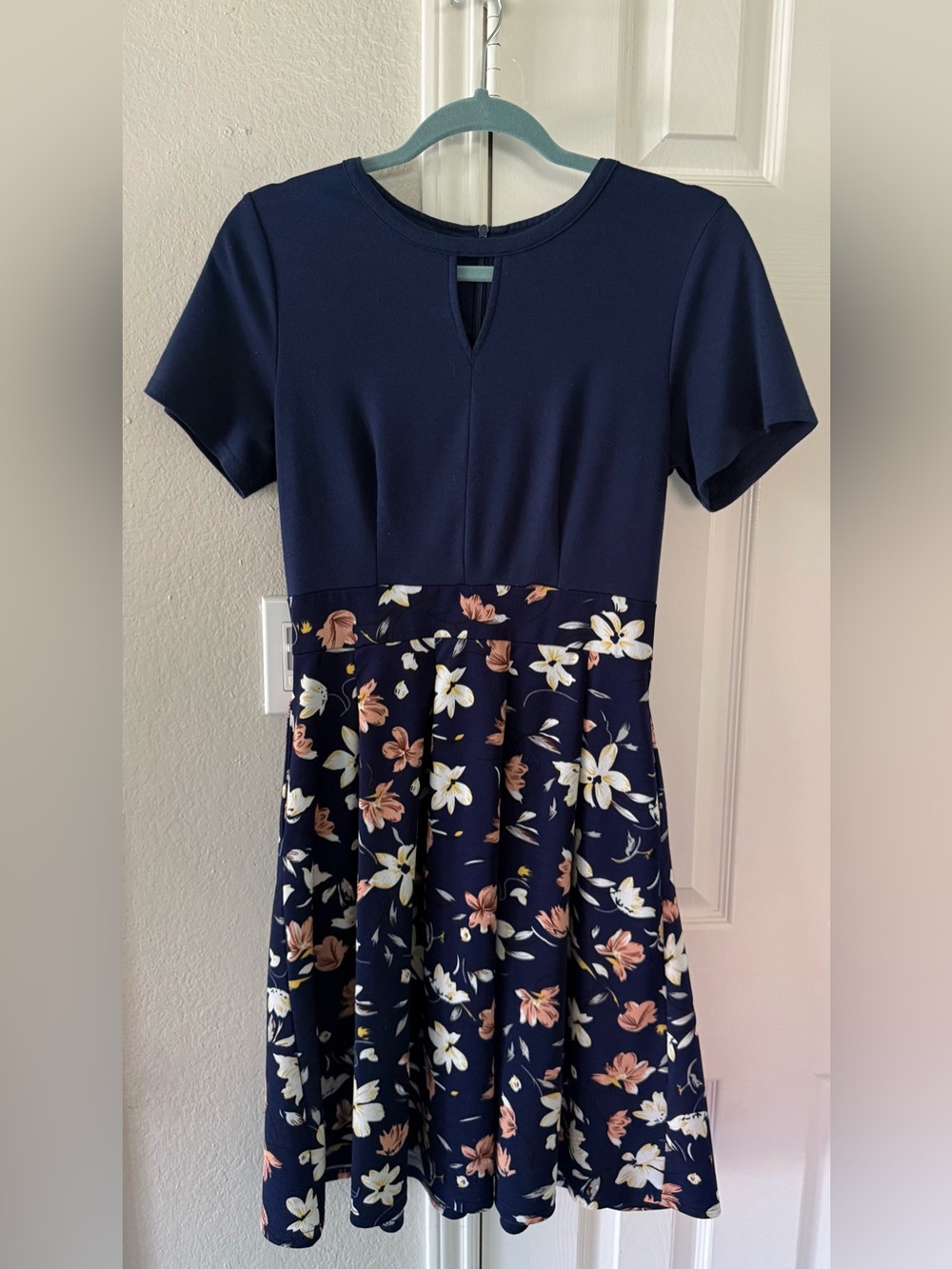 Navy Floral Short-Sleeve Fit & Flare Mini Dress